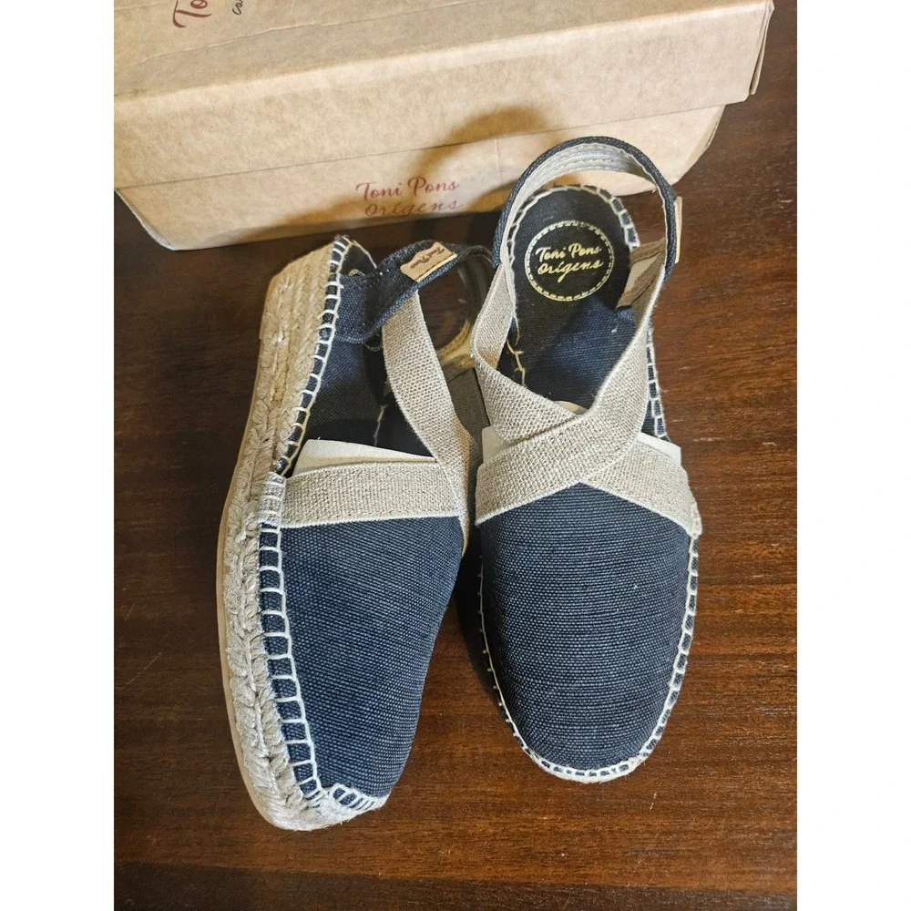 Toni Pons Espadrille Sandal Women 37 US 6/6.5 Black Beige Canvas Wedge Slingback